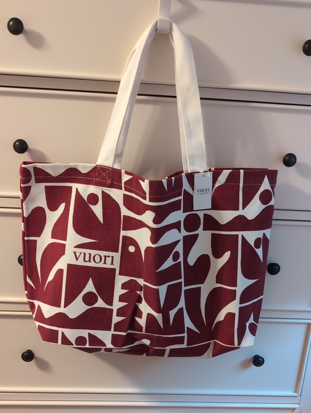Vuori Burgundy & White Patterned Canvas Tote